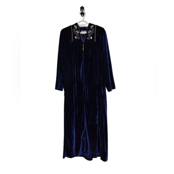 Vintage Royal Blue Velvet 80s Embroidered Housecoat Retro Soft Luxury Size L - Picture 1 of 5